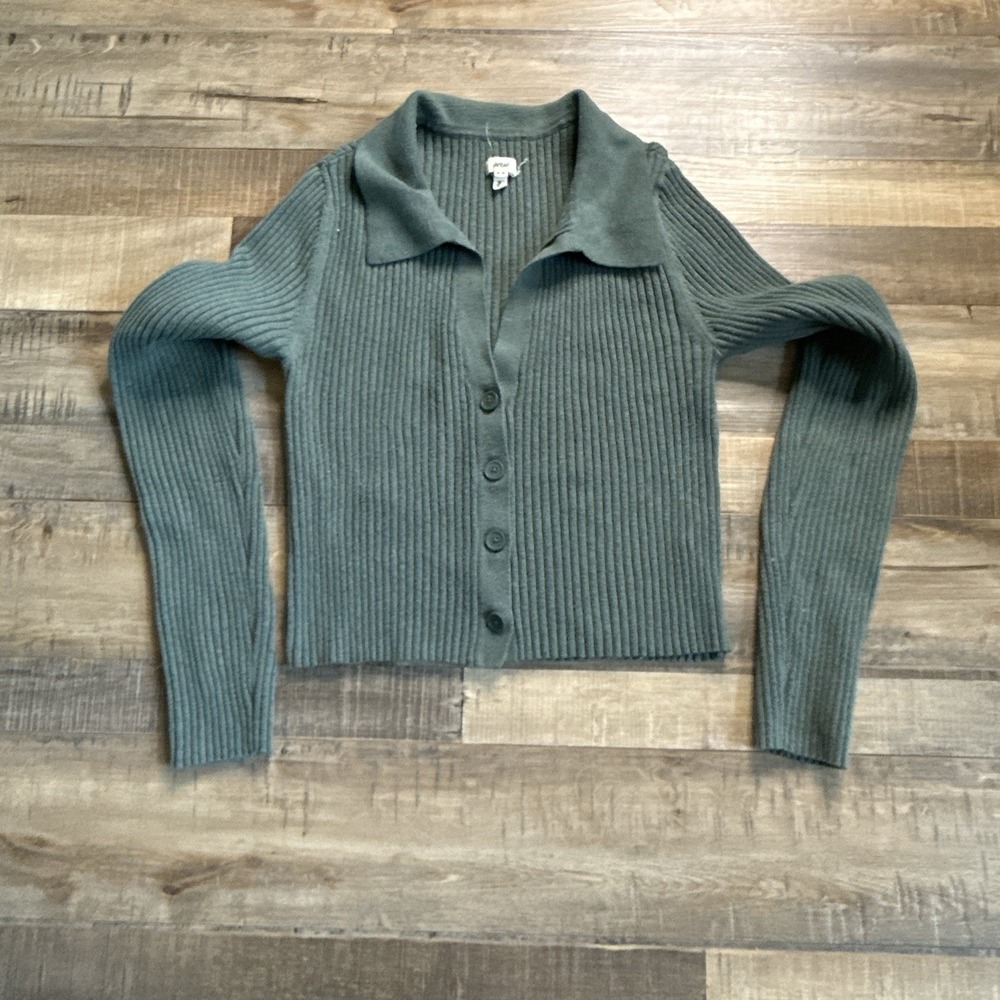 Aerie Gotta Jet! Polo Sweater Green Ribbed Sz M Preppy Trendy